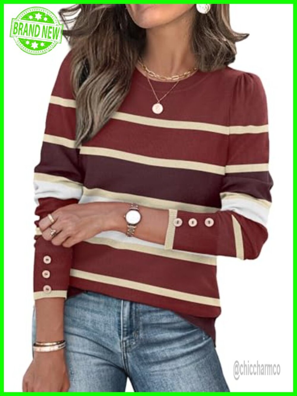 Women's Button Cuff Knit Pullover Sweater Casual Soft Long Sleeve Top